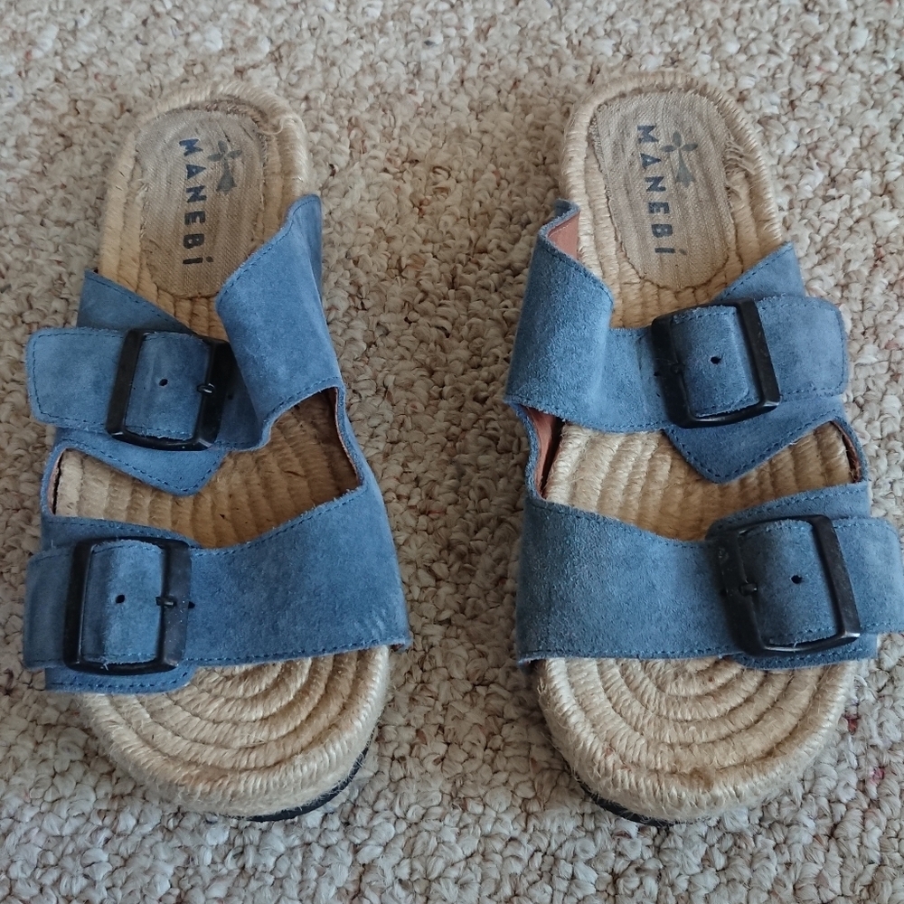 Manebi Nordic Espadrille blue suede Slides size 6.5
